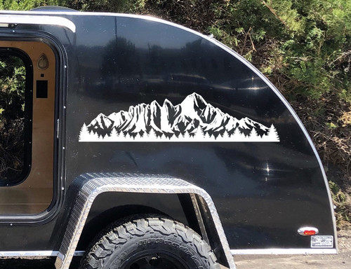 Mount Whitney California Sierra Nevada mountain landscape vinyl decal featuring rugged alpine peaks, rocky ridgelines and evergreen pine forest silhouettes for RV campers and travel trailers