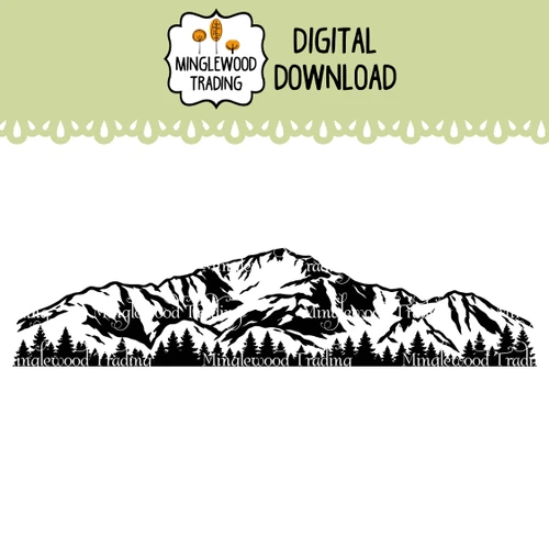 Pikes Peak Colorado mountain landscape SVG featuring rugged Rocky Mountain ridgelines, textured slopes and evergreen trees in a wide horizontal design depicting America's Mountain near Colorado Springs