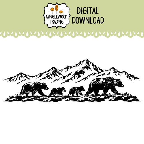 Bear family of four mountain landscape SVG cut file showing four bears walking together across rocky terrain beneath rugged mountain peaks in a wide horizontal wildlife silhouette design