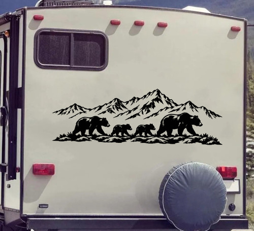 Bear family of four mountain landscape vinyl decal featuring two adult bears and two cubs beneath rugged mountain peaks with evergreen trees for RV camper and trailer exteriors