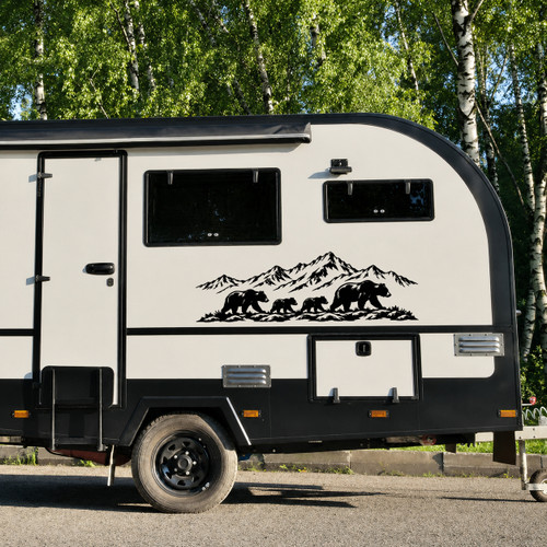 Bear family of four mountain landscape vinyl decal featuring two adult bears and two cubs beneath rugged mountain peaks with evergreen trees for RV camper and trailer exteriors