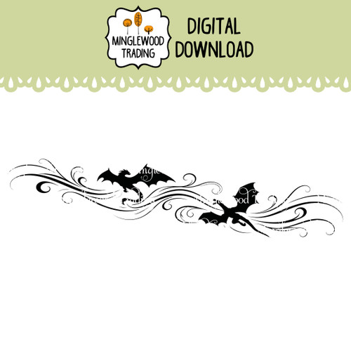 Two winged fantasy dragons battling in midair with sweeping decorative lines in a wide horizontal SVG digital design