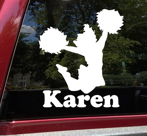 Personalized jumping cheerleader vinyl decal with pom poms, custom name and mirror option