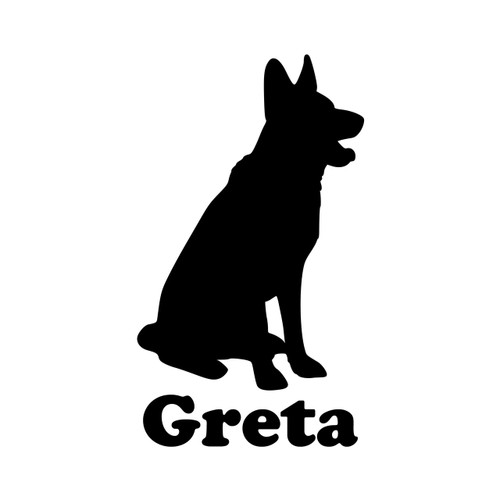 Personalized sitting German Shepherd vinyl decal with custom dog name and mirror option