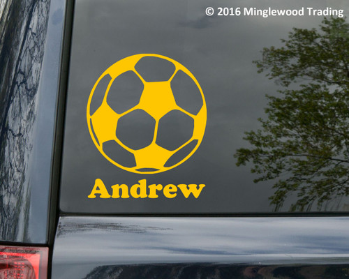 Personalized soccer ball vinyl decal with custom player name displayed below