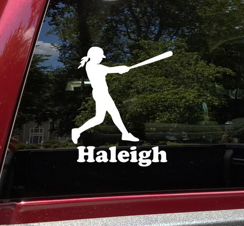 Personalized female softball hitter vinyl decal with custom player name and mirror option