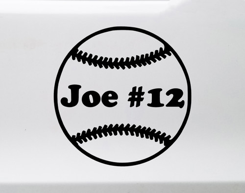 Personalized softball vinyl decal featuring stitched ball design with custom player name across center