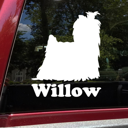 Yorkshire Terrier personalized name vinyl decal with Yorkie dog silhouette and mirror option