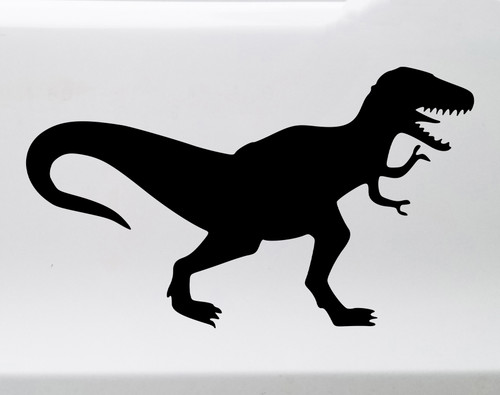 T-Rex vinyl decal with Tyrannosaurus rex side profile silhouette open jaws teeth small arms and long tail