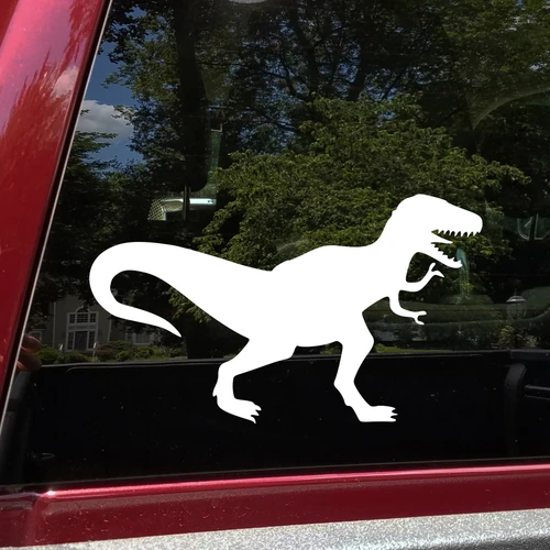 T-Rex vinyl decal with Tyrannosaurus rex side profile silhouette open jaws teeth small arms and long tail