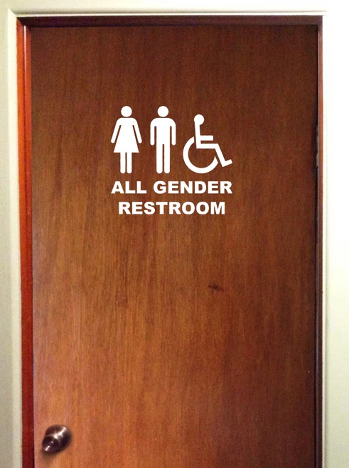 All Gender Restroom door sign vinyl decal with female male and wheelchair accessibility symbols
