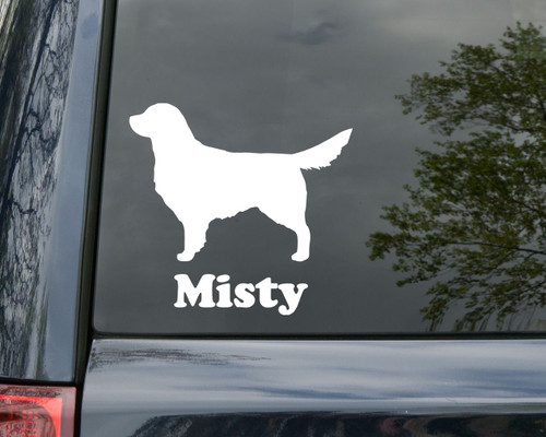 Golden Retriever personalized name vinyl decal with standing Goldie dog silhouette and mirror option