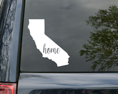 Vinyl decal in the shape of California with the word 'Home' in the middle on the rear window of a car - perfect California state sticker and California home decal