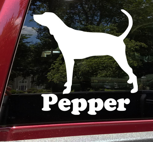 Walker Hound personalized name vinyl decal featuring Treeing Walker Coonhound silhouette with mirror option