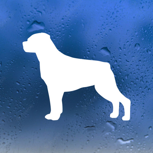 Rottweiler Rottie standing dog silhouette vinyl decal featuring a full-body side profile facing left with muscular build, folded ears and natural tail, available in eight sizes including 4-pack, 2-pack and mirror options