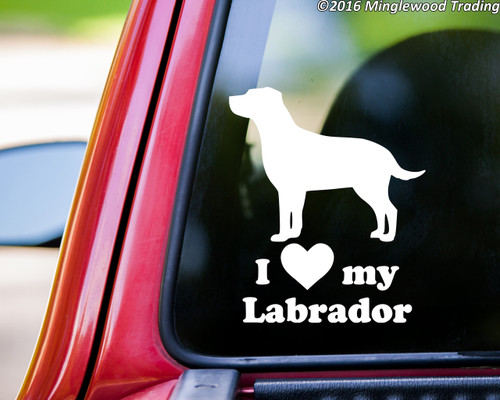 I Love My Labrador vinyl decal with standing Lab Retriever dog silhouette and lettering