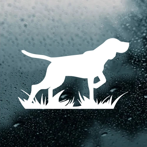 Bird dog hunting vinyl decal showing a sporting dog walking through grass, displayed in white on a vehicle window, available in ten sizes from a 4-pack of 2 x 1.25 inches to 32 x 20 inches with mirror option