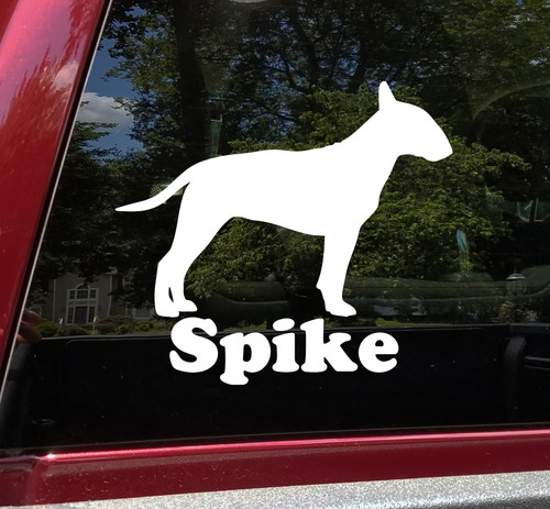Personalized Bull Terrier vinyl decal with custom dog name and full-body breed silhouette