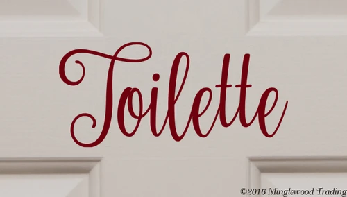 Toilette bathroom door vinyl decal featuring elegant Nouradilla script lettering with decorative flourishes, available in eight sizes from a 2-pack of 4.5 x 2 inch decals to a single 22.5 x 10 inch decal for powder rooms and restroom doors