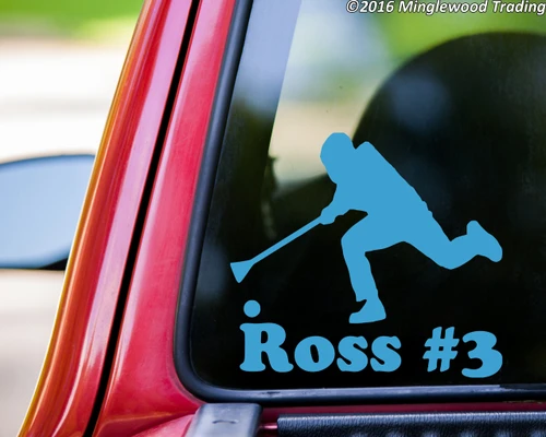 Personalized broomball player vinyl decal featuring an action silhouette with custom name and optional player number underneath, available in six sizes from 4 x 3.5 inches to 20 x 18 inches with mirror option and 15-character personalization