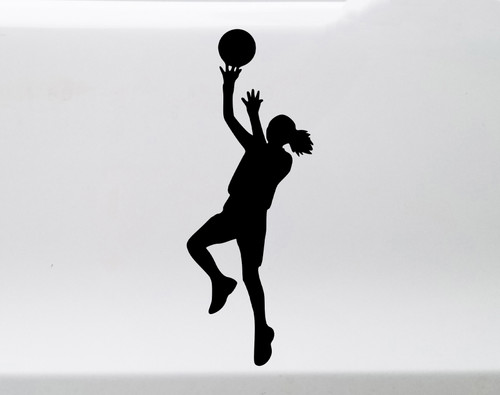 girls basketball player vinyl decal featuring a female athlete jumping and shooting a basketball, available in six sizes from a 2-pack of 1.5 x 4 inch decals to a single 7 x 18.5 inch decal with mirror option