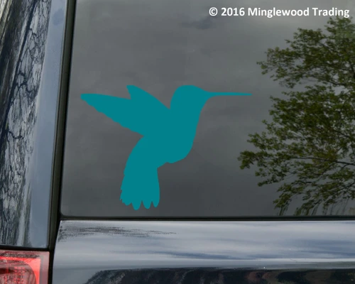 Flying Hummingbird Silhouette vinyl decal featuring a solid-color bird in flight with extended wings, long beak and tail feathers, shown on an SUV window, available in eight sizes from 2.5 x 1.5 to 30 x 22.5 inches with 4-pack, 2-pack and mirror options