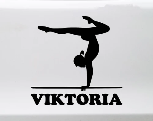 Personalized gymnast vinyl decal featuring a handstand split on balance beam with custom name underneath