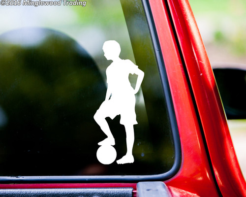 Soccer Player Boy Standing vinyl decal sticker 5.5" x 2.25" Ball