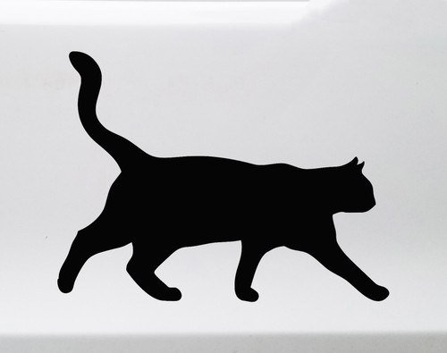White walking cat silhouette vinyl decal featuring a feline with raised curved tail and extended front paw, shown on a vehicle window, available in 11 sizes from a 4-pack of 2 x 1.5 inches to 30 x 22 inches with standard and mirrored orientation options