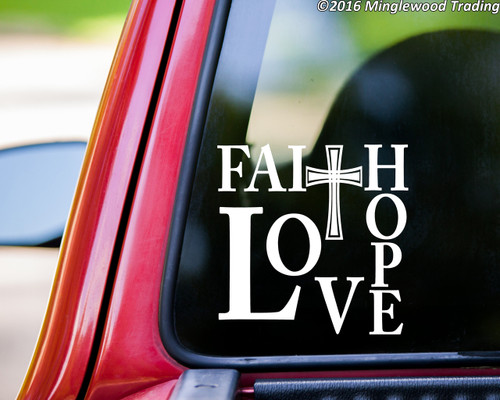 Faith Hope Love Vinyl Decal Sticker - White Heart Cross Design For Car Window, Wall, Or Bumper
