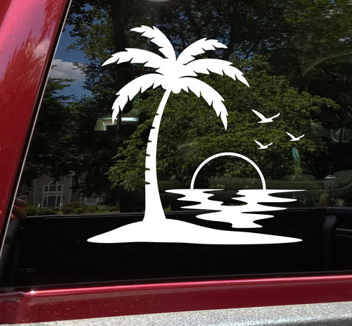 Palm Trees Beach Sunset Scene Vinyl Decal V2 - Camper Graphics Coast Travel  - Die Cut Sticker