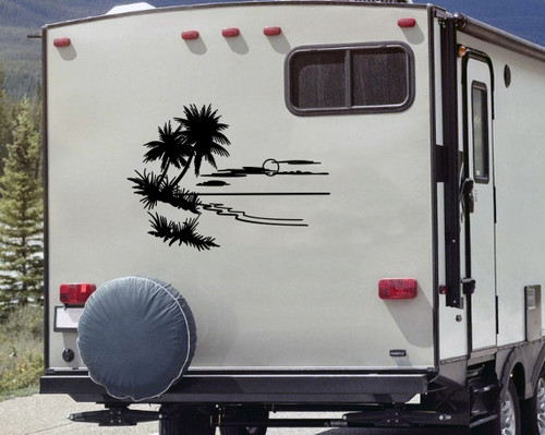 Palm Trees Beach Sunset Scene Vinyl Decal V2 - Camper Graphics Coast Travel  - Die Cut Sticker