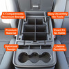 Installed Vehicle OCD by BaseLayer center console organizer for Chevrolet Silverado, Suburban, and GMC Tahoe, Sierra, Yukon, and Yukon XL design features infographic