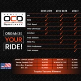 Vehicle OCD Organizers by BaseLayer Toyota Tacoma - Center Console Organizer 2005-2015 Fitment infographic