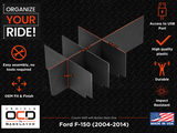 Vehicle OCD Organizers by BaseLayer Ford F-150 with Column-Shift - Center Console Organizer 2004-2014 Dimensions Infographic
