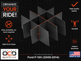 Vehicle OCD Organizers by BaseLayer Ford F-150 with Floor-Shift - Center Console Organizer Dimensions Infographic