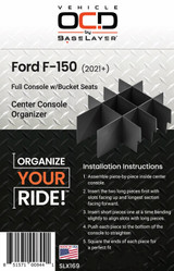 Product label for SLX169 Vehicle OCD by BaseLayer Ford F-150 - Center Console Organizer 2021-2025 Product label for SLX169 Vehicle OCD by BaseLayer Ford F-150 - Center Console Organizer 2021-2025