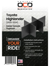 Product label with installation instructions for the Vehicle OCD Organizers by BaseLayer Toyota Highlander - Center Console Organizer 2020-2024