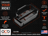 Vehicle OCD Organizers by BaseLayer Chevrolet Colorado and GMC Canyon - Center Console Tray Dimensions Infographic