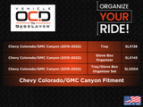 Vehicle OCD Organizers by BaseLayer Chevrolet Colorado and GMC Canyon - Center Console Tray Fitment Chart