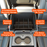 Installed Vehicle OCD Organizers by BaseLayer Chevrolet Silverado 1500/2500/3500 HD and GMC Sierra 1500/2500/3500 HD - Center Console Organizer design features infographic