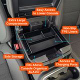 Installed Vehicle OCD Organizers by BaseLayer for Chevrolet Silverado 1500/2500/3500 HD and GMC Sierra 1500/2500/3500 HD - Center Console Tray design features graphic