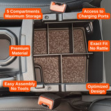 Installed Vehicle OCD Organizers by BaseLayer Jeep Wrangler JL/JLU and Gladiator JT Truck Center Console divider Organizer features infographic