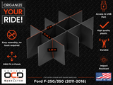 Vehicle OCD Organizers by BaseLayer Ford F-250 / F-350 Super Duty - Product Fitment Guide - Dimensions Infographic