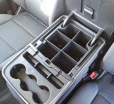 Installed view of the BaseLayer center console organizer for the Chevrolet Silverado, Suburban, and GMC Tahoe, Sierra, Yukon, and Yukon XL. Installed view of the BaseLayer center console organizer for the Chevrolet Silverado, Suburban, and GMC Tahoe, Sierra, Yukon, and Yukon XL.