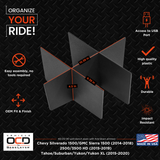 Vehicle OCD by BaseLayer center console organizer for Chevrolet Silverado, Suburban, and GMC Tahoe, Sierra, Yukon, and Yukon XL dimensions infographic.