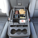 Installed Vehicle OCD by BaseLayer center console organizer for Chevrolet Silverado, Suburban, and GMC Tahoe, Sierra, Yukon, and Yukon XL organized