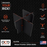 Vehicle OCD by BaseLayer for Nissan Frontier 2022-2026 center console organizer dimensions infographic