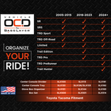 Vehicle OCD by BaseLayer center console tray for the Toyota Tacoma 2024+ fitment chart