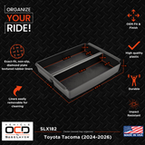 Vehicle OCD by BaseLayer center console tray for the Toyota Tacoma 2024+ dimensions infographic